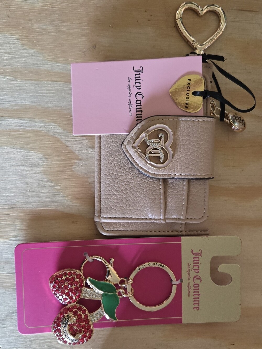 Juicy Couture Blush Pink Wallet with Gold Heart Charm & Cherry Keychain